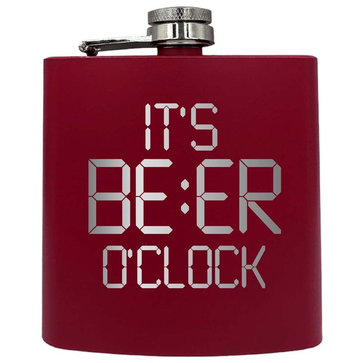 Plosca metalica gravata, de 6oz 180 ml pentru bauturi fine, It's Beer O'Clock, Rosu, PKF 122