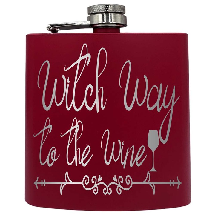 Plosca metalica gravata, de 6oz 180 ml pentru bauturi fine, Witch Way To The Wine, Rosu, PKF 232