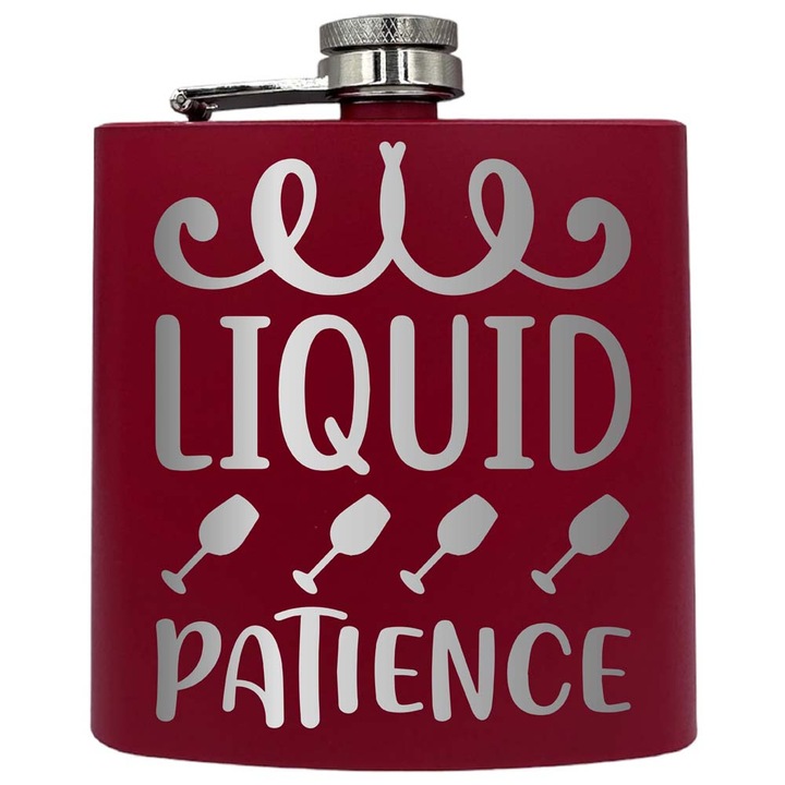 Plosca metalica gravata, de 6oz 180 ml pentru bauturi fine, Liquid Patience, Rosu, PKF 136