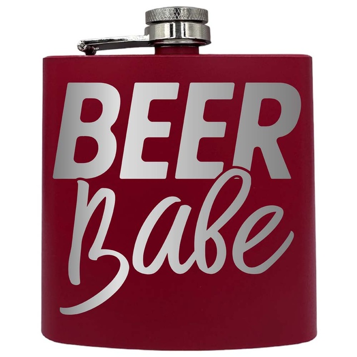 Plosca metalica gravata, de 6oz 180 ml pentru bauturi fine, Beer Babe, Rosu, PKF 52