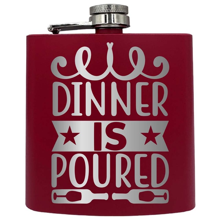 Plosca metalica gravata, de 6oz 180 ml pentru bauturi fine, Dinner Is Poured, Rosu, PKF 64