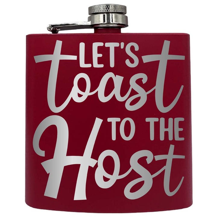 Plosca metalica gravata, de 6oz 180 ml pentru bauturi fine, Let's Toast To The Host, Rosu, PKF 134