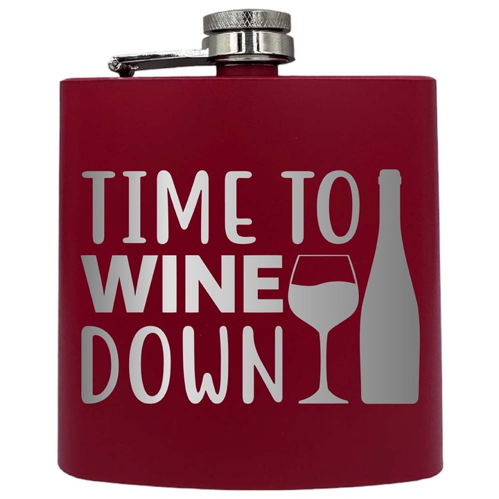 Plosca metalica gravata, de 6oz 180 ml pentru bauturi fine, Time To Wine Down, Rosu, PKF 183