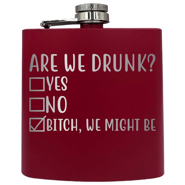 Plosca metalica gravata, de 6oz 180 ml pentru bauturi fine, Are We Drunk?, Rosu, PKF 45