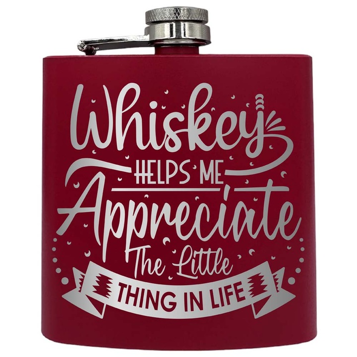 Plosca metalica gravata, de 6oz 180 ml pentru bauturi fine, Whiskey Helps Me Appreciate, Rosu, PKF 84