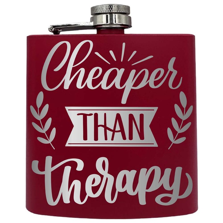 Plosca metalica gravata, de 6oz 180 ml pentru bauturi fine, Cheaper Than Therapy, Rosu, PKF 4