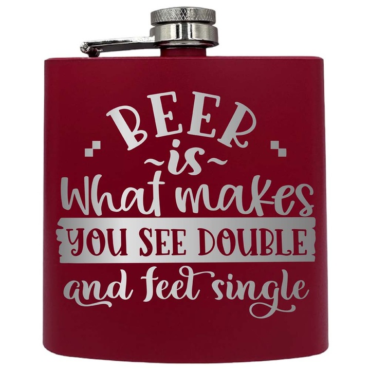 Plosca metalica gravata, de 6oz 180 ml pentru bauturi fine, Beer Is What Makes You See Double, Rosu, PKF 49