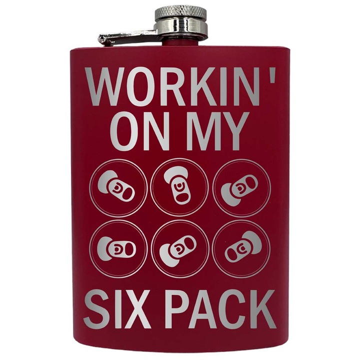 Plosca metalica gravata, de 8oz 240 ml pentru bauturi fine, Working On My Six Pack, Rosu, PNF 239