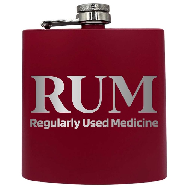 Plosca metalica gravata, de 6oz 180 ml pentru bauturi fine, RUM-Regular Used Medicine, Rosu, PKF 161