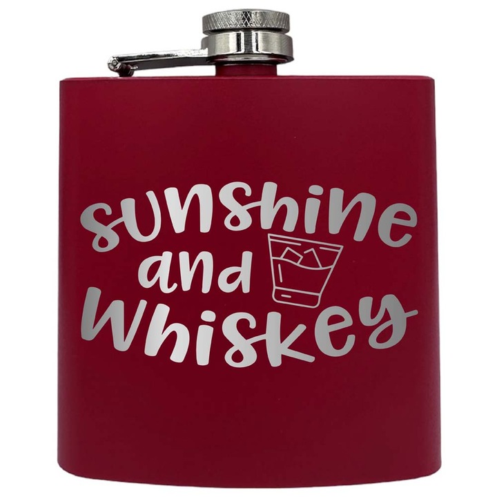 Plosca metalica gravata, de 6oz 180 ml pentru bauturi fine, Sunshine And Whiskey, Rosu, PKF 209