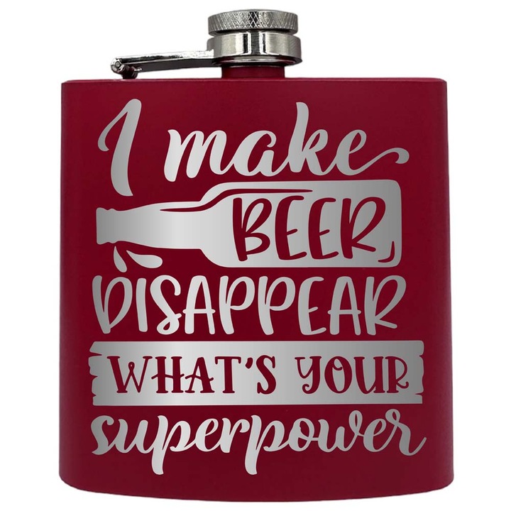 Plosca metalica gravata, de 6oz 180 ml pentru bauturi fine, I Make Beer Disappear, Rosu, PKF 111