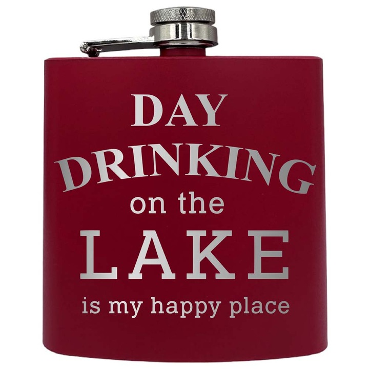 Plosca metalica gravata, de 6oz 180 ml pentru bauturi fine, Drinking On The Lake, Rosu, PKF 61