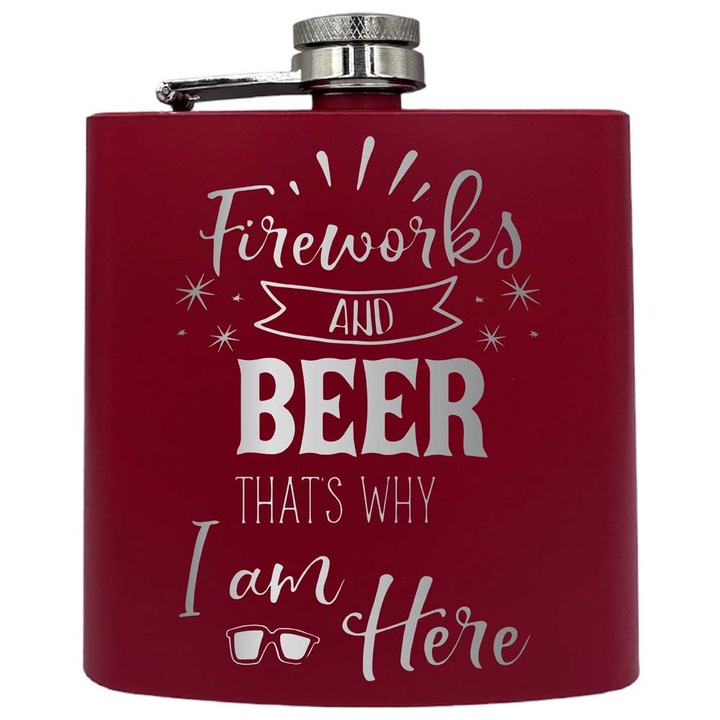 Plosca metalica gravata, de 6oz 180 ml pentru bauturi fine, Fireworks And Beer, Rosu, PKF 211