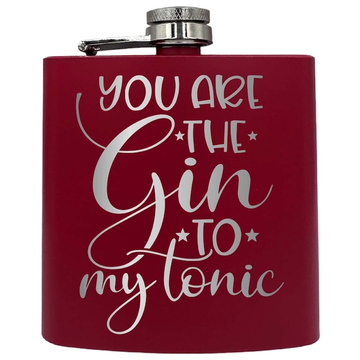Plosca metalica gravata, de 6oz 180 ml pentru bauturi fine, You Are The Gin To My Tonic, Rosu, PKF 243