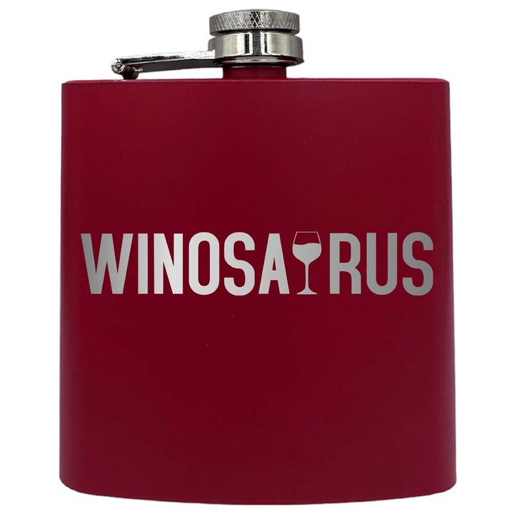 Plosca metalica gravata, de 6oz 180 ml pentru bauturi fine, Winosaurus, Rosu, PKF 229