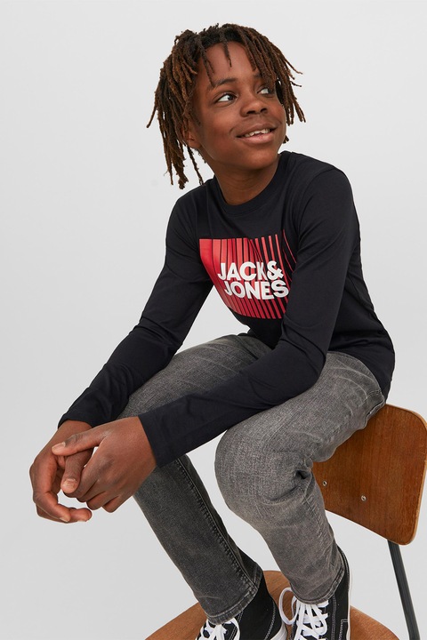 Jack & Jones, Блуза от органичен памук с лого, Червен/Бял/Черен