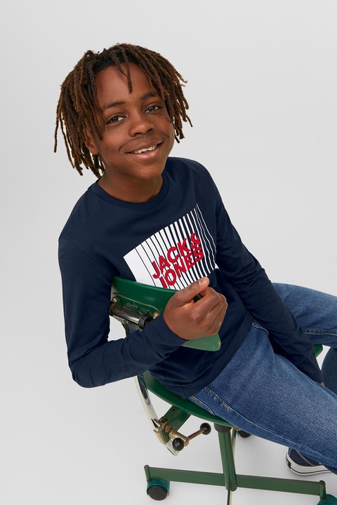 Jack & Jones, Bluza de bumbac organic cu imprimeu logo, Rosu/Alb/Bleumarin