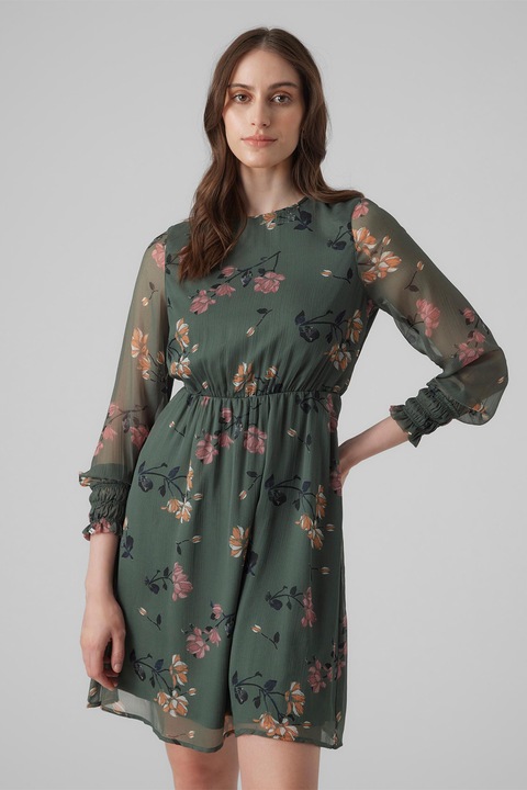 Vero Moda, Разкроена рокля Smilla с полупрозрачно покритие, Тъмнозелен/Прашно розово