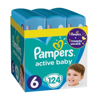 Scutece Pampers Active Baby XXL Box, Marimea 6,13 -18 kg, 124 buc Scutece Pampers Active Baby XXL Box, Marimea 6,13 -18 kg, 124 buc