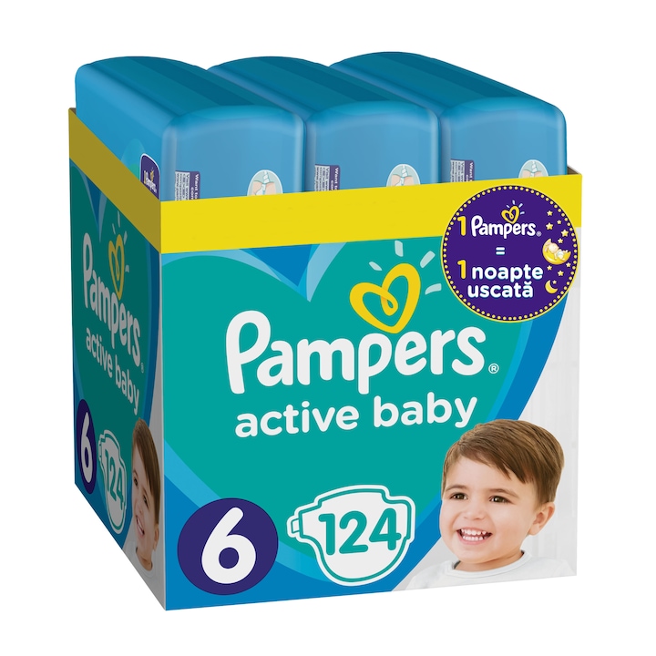 Scutece Pampers Active Baby XXL Box, Marimea 6,13 -18 kg, 124 buc