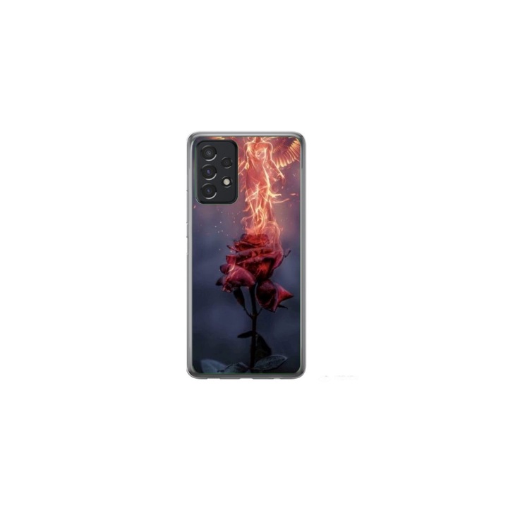 Husa personalizata HQPrint si Folie de Silicon pentru Samsung Galaxy A72, model Fire Rose, multicolor, S1D1M0158