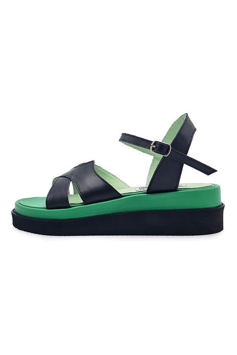 unudoitrei, Sandale din piele cu talpa wedge si aspect contrastant, Verde/Negru