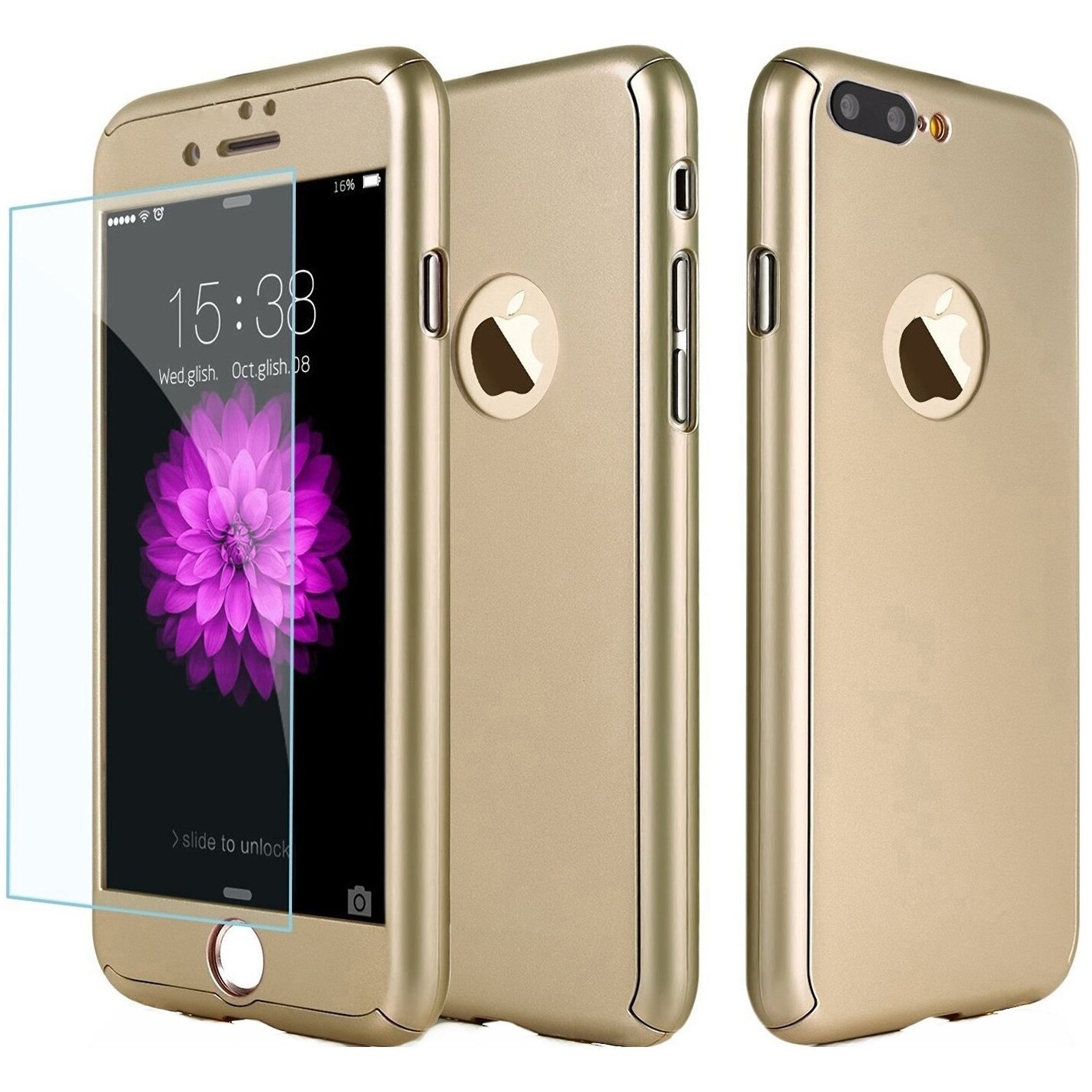 Husa Full Cover (fata + spate + geam sticla) pentru Apple iPhone 7 Plus, Gold