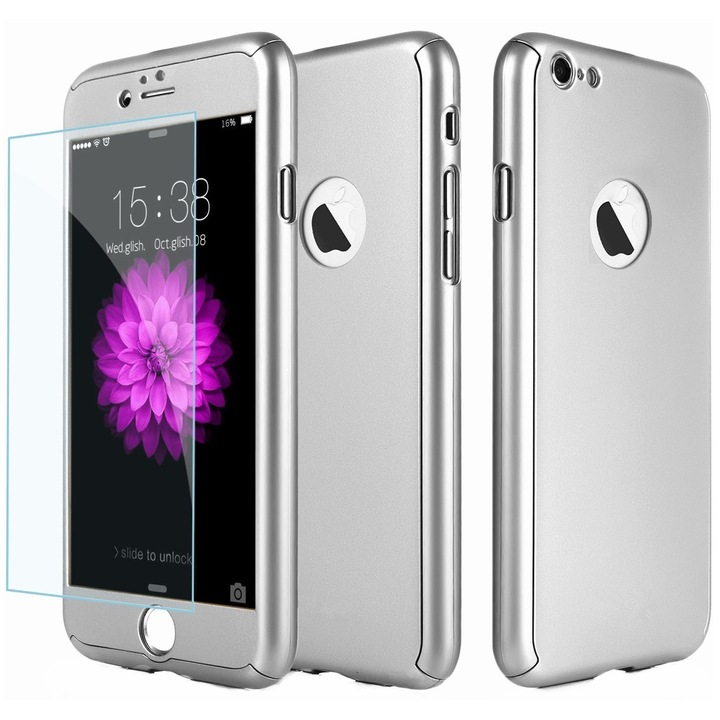 Full Cover tok (elöl + hátul + üvegablak) Apple iPhone 6 Plus / 6S Plus telefonhoz, ezüst