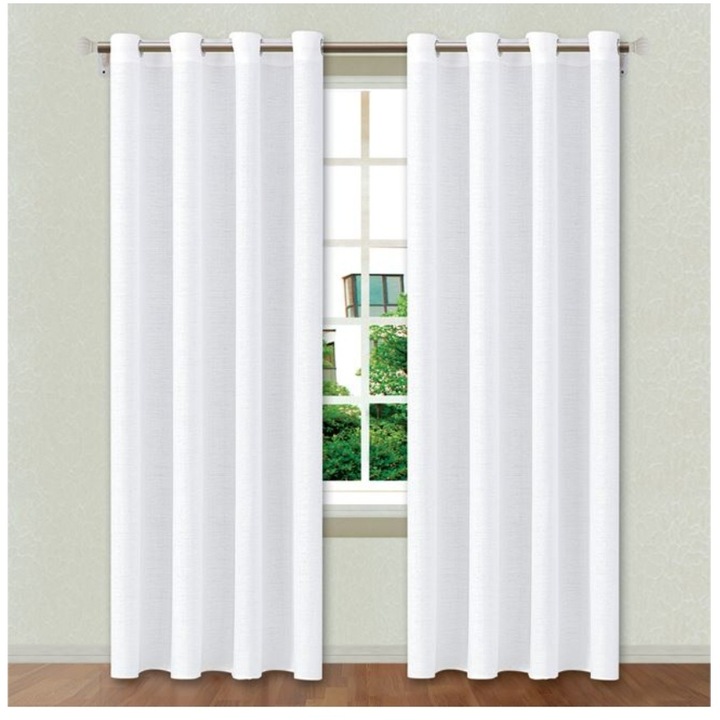 Set 2 perdele cu inele metalice, uni, alb, 140x250cm