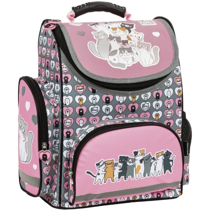 Ergonomikus hátizsák lányoknak, iskolába, Derform, 3 rekeszes, Cleo és Frank macskamodell TEMBCF39
