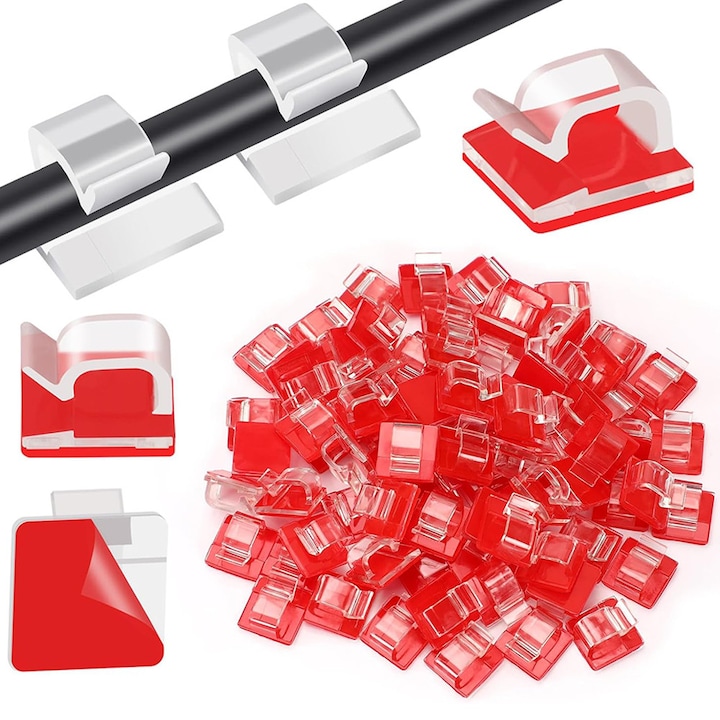 Set 60 cleme pentru organizare cabluri, BOMSTOM, Autoadeziv, Plastic, transparent/rosu