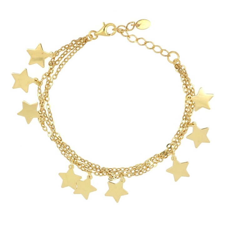 Bratara de mana din argint 925 placat cu aur de 14k cu mai multe randuri de lant si charm-uri stea, Galaxy Bracelet Gold