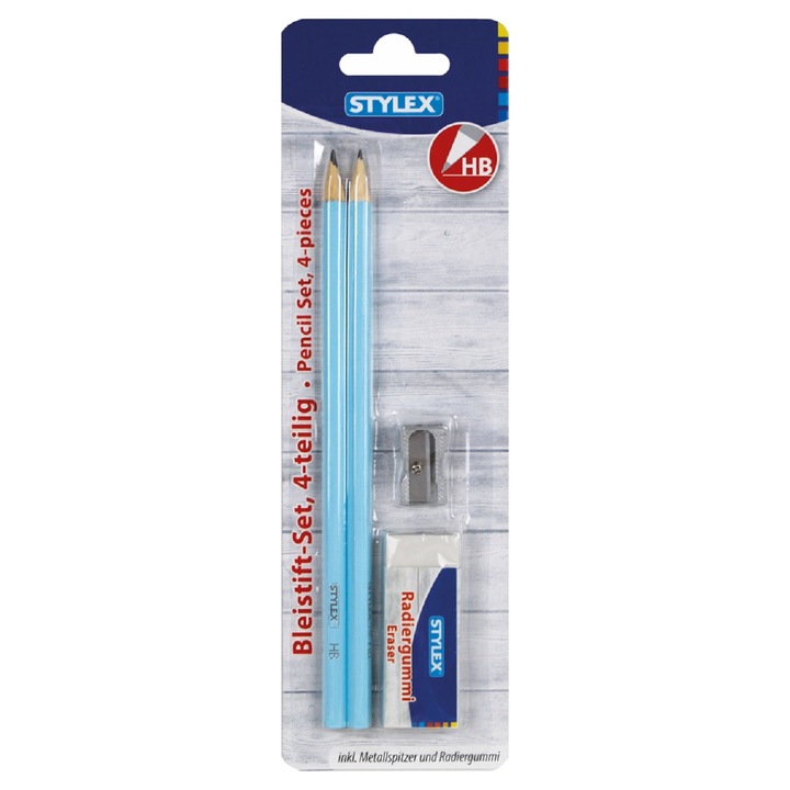 Set scris 4 piese Stylex 2 creioane grafit HB,1 radiera, 1 ascutitoare, bleu