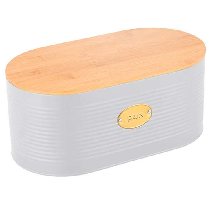 Cutie paine din metal cu capac din bambus, Frandis, 34x18x14 cm, ovala, alb/natur, model cu placuta aurie 041119