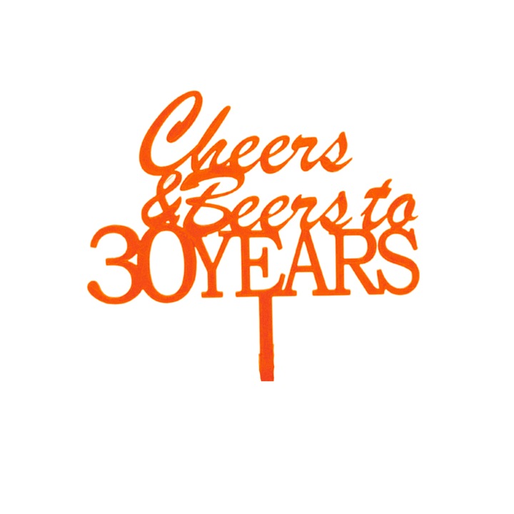 Decoratiune topper tort, "CHEERS AND BEERS TO 30 YEARS ", aniversare 30 de ani, 19,5 x 15 cm portocaliu