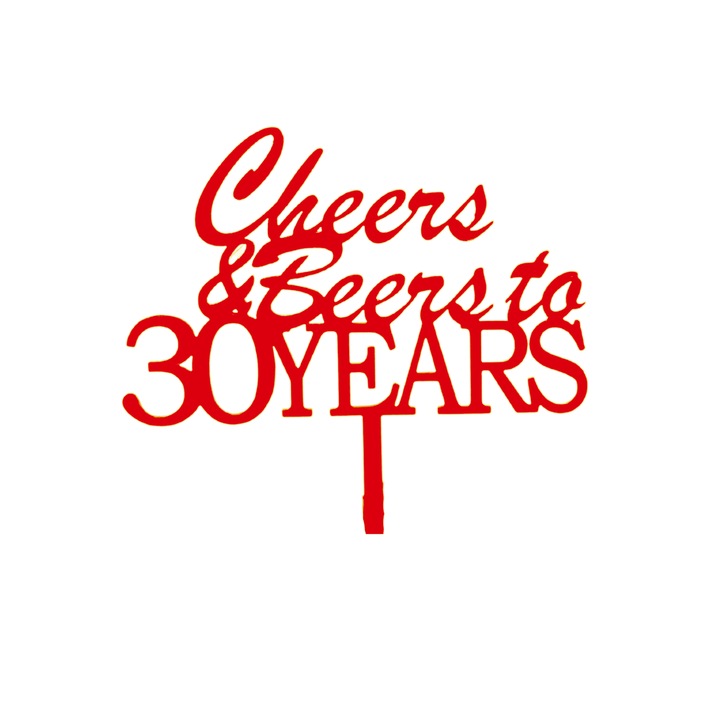 Decoratiune topper tort, "CHEERS AND BEERS TO 30 YEARS ", aniversare 30 de ani, 19,5 x 15 cm rosu