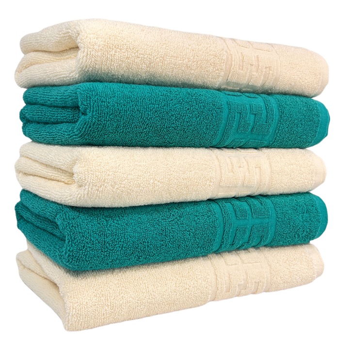 Комплект от 5 хавлиени кърпи, Крем/зелен, 100% памук 550гр, 70x140см