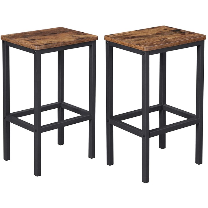 VASAGLE Set 2 scaune bar inalte, sezut dreptunghiular, cadru din otel, 40x30x65cm, stil industrial, maro rustic si negru