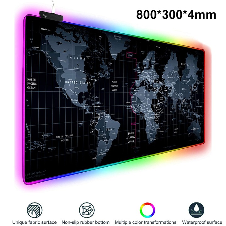 Mousepad gaming RGB, suprafata impermeabila, antiderapant, 14 moduri de iluminare, negru, 800x300x4mm