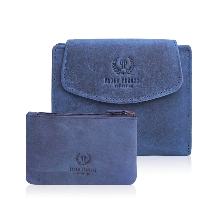 Set 2 portofele dama, Paolo Peruzzi, Piele naturala, 12.5x8x0.5/12x9x2 cm, Albastru