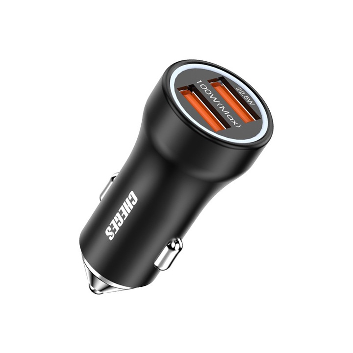 зарядно за кола AdyMel®, модел Cheges, двойно USB с бързо зарядно устройство 100 w + 22,5 w, led, бързо зареждане, за запалка, черно