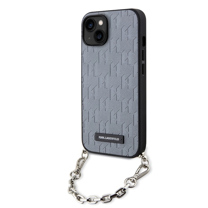 IPhone 15 / iPhone 14 / iPhone 13 tok - Karl Lagerfeld Saffiano monogram lánc (KLHCP14SSACKLHPG) - ezüst