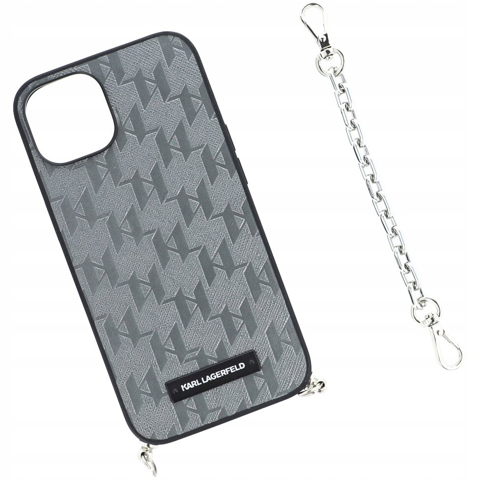 Husa de protectie cu lant, Karl Lagerfeld, Compatibil cu Apple iPhone 14, Piele naturala, Gri