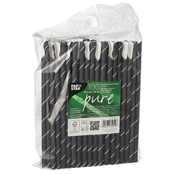Set 100 paie cu varf lingurita, Pap Star, Hartie, 8x200mm, Alb/Negru