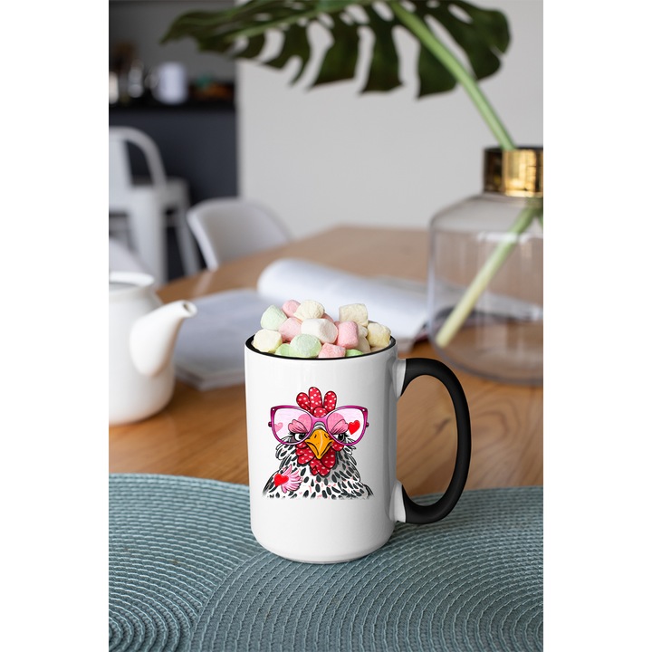 Cana personalizata cu imprimeu, Nerd Chicken model 56, Ceramica, 330 ml, Maner si interior Negru