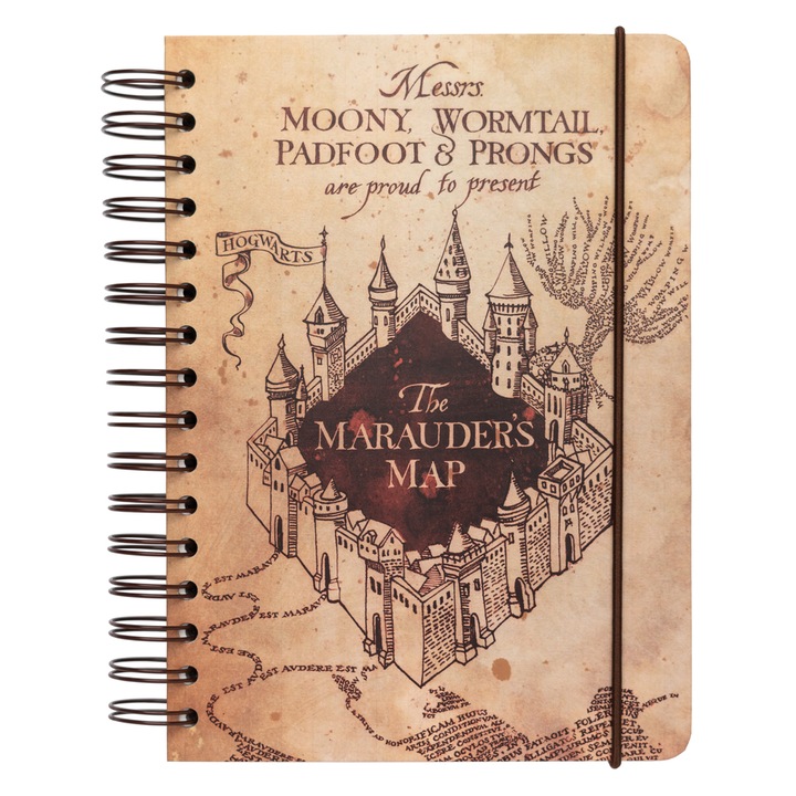 Agenda A5 Harry Potter, Marauders Map, cu spirala, coperta ridiga din carton, 180 de pagini, foaie punctata, buzunar interior pentru notite, multicolor