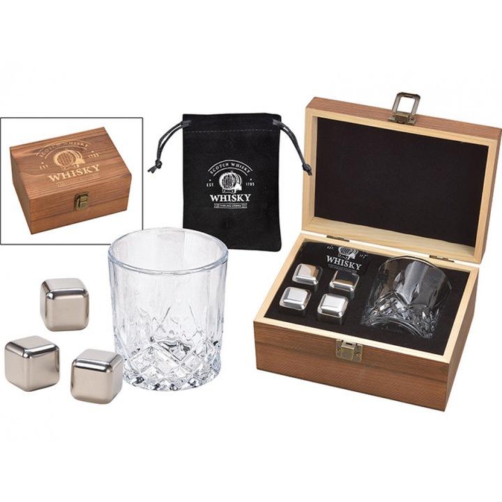 Set Whisky DeLuxe Gift4You cu Pahar incrustat, 4 Cuburi de racire metalice in cutie lemn de pin