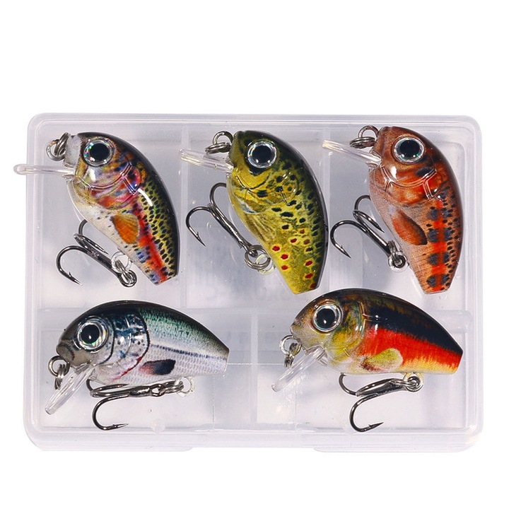 Set 5 voblere FishingBox, 2 grame, 2.8 centimetri, JENUOS®, imitatie realistica, scufundare lenta, potrivite pentru apa dulce si apa sarata, BOX-C