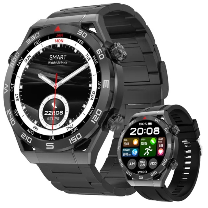 Ceas SmartWatch ISP LikeSmart™​​​​​​​ OneWatch Ultra, 1.5" IPS Retina Display, Apel Bluetooth, GPS Tracking, Oximetru, Notificari Apel si Retele Sociale, Monitorizare Ritm Cardiac si Tensiune Arteriala, One Ultra Black