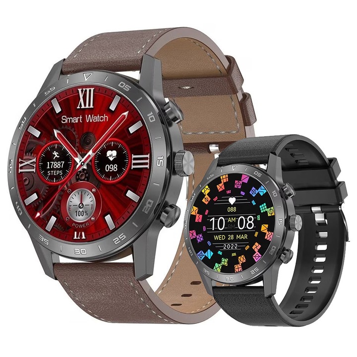 Ceas SmartWatch ISP LikeSmart™​​​​​​​ OneWatch Plus, 1.45" IPS Retina Display, Apel Bluetooth, GPS Tracking, Oximetru, Notificari Apel si Retele Sociale, Monitorizare Ritm Cardiac si Tensiune Arteriala, Plus Leather Black